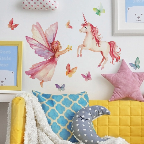 Sticker Mural Aquarelle Fée Licorne Papillon PVC Amovible Auto-Adhésif Chambre d'Enfant Chambre Décoration Maison Peinture Murale