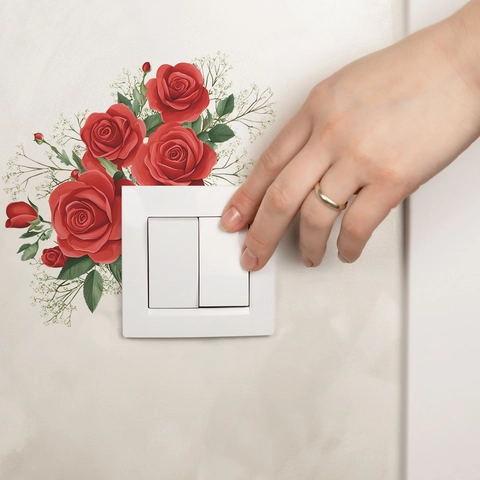 Adesivo da Parete Rosa Rossa Romantica Decoro Floreale Interruttore Luce PVC Rimovibile Autoadesivo per Soggiorno Camera da Letto Casa