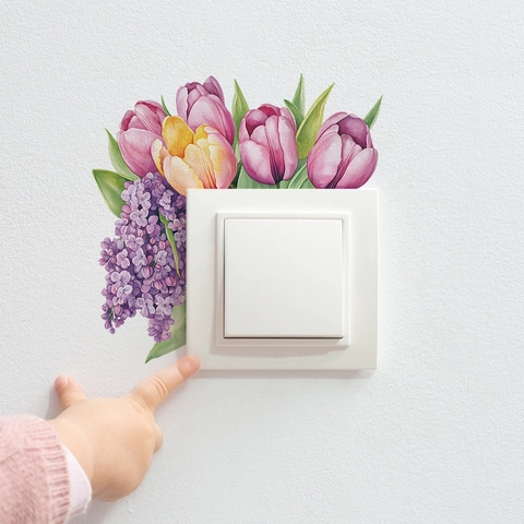 Tulip Lavender Watercolor Switch Wall Stickers PVC Self Adhesive Floral Decals For Home Living Room Bedroom Light Switch Decor