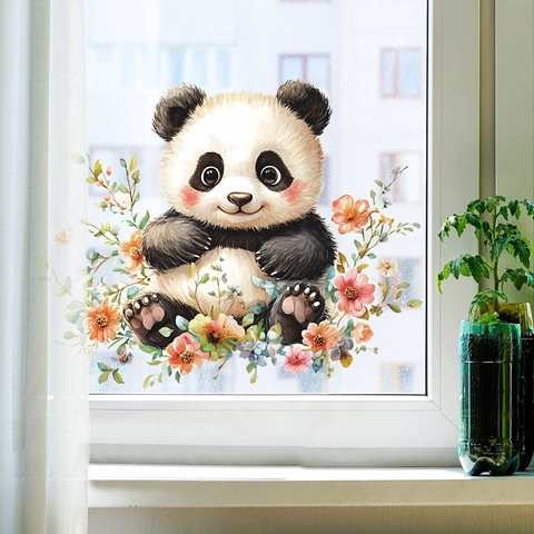 Cute Cartoon Panda With Flowers Wall Sticker Removable PVC Watercolor Animal Floral Home Decor Decal For Bedroom Living Room