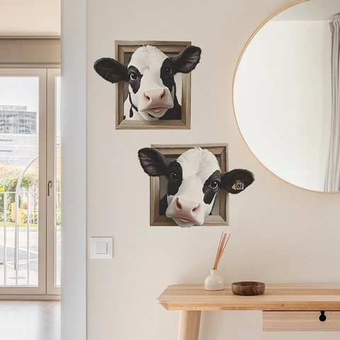 Adesivo da Parete Mucca 3D Realistico Che Si Affaccia Cornice in Legno PVC Impermeabile Autoadesivo Decalcomania Animali Decorazione Casa