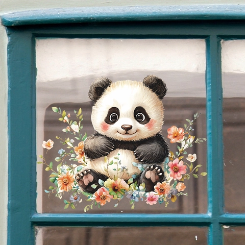 Cute Cartoon Panda With Flowers Wall Sticker Removable PVC Watercolor Animal Floral Home Decor Decal For Bedroom Living Room