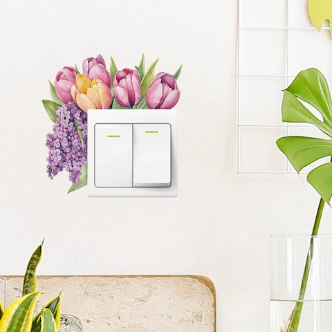 Tulip Lavender Watercolor Switch Wall Stickers PVC Self Adhesive Floral Decals For Home Living Room Bedroom Light Switch Decor