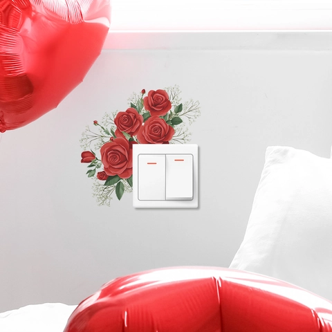 Adesivo da Parete Rosa Rossa Romantica Decoro Floreale Interruttore Luce PVC Rimovibile Autoadesivo per Soggiorno Camera da Letto Casa