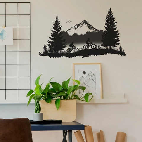 Modern PVC Wandtattoo Berg Wald Radfahren Silhouette Schwarz Dekorative Wandaufkleber Für Haus Büro Schlafzimmer Dekor