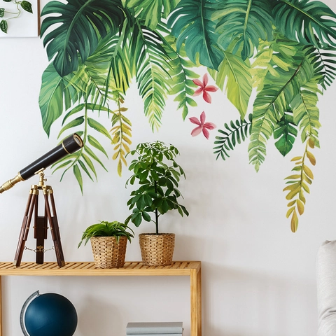 Pegatinas de Pared de Hojas de Plantas Verdes Tropicales Calcomanías de Pared de Monstera Palma de PVC Removibles para Hogar