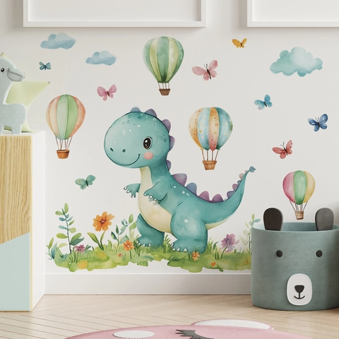 Adesivi Murali Acquerello con Dinosauri dei Cartoni Mongolfiere Nuvole Farfalla per Cameretta Bambini Decorazione Casa