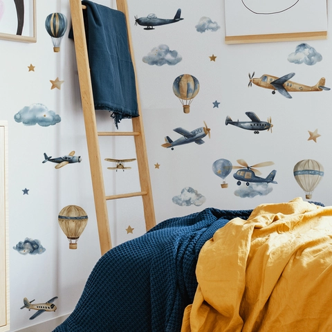 Watercolor Airplane Hot Air Balloon Wall Stickers For Kids Room Nursery Decor PVC Self Adhesive Clouds Stars Wall Decals