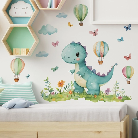 Adesivi Murali Acquerello con Dinosauri dei Cartoni Mongolfiere Nuvole Farfalla per Cameretta Bambini Decorazione Casa