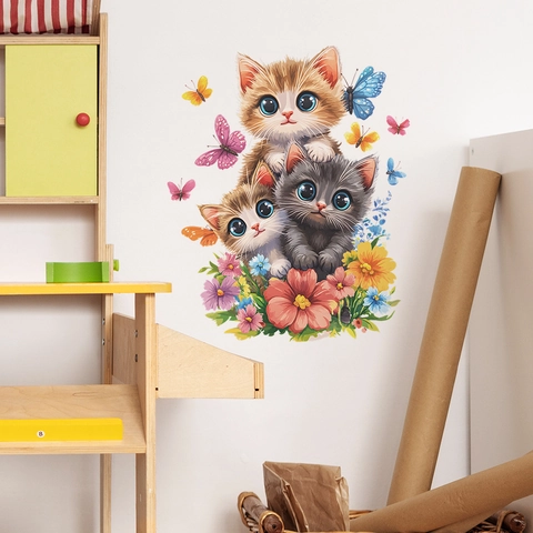 Simpatici Gatti Cartone Animato Fiori Adesivo da Parete Removibile PVC Autoadesivo Murale per Camera da Letto Soggiorno Casa