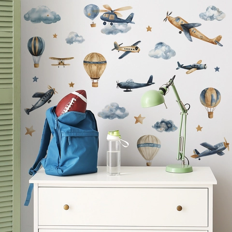 Watercolor Airplane Hot Air Balloon Wall Stickers For Kids Room Nursery Decor PVC Self Adhesive Clouds Stars Wall Decals