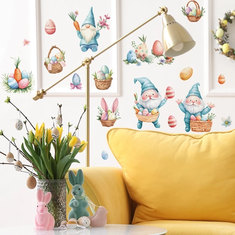 Adesivi Murali Gnomo Uovo di Pasqua Acquerello Coniglio Carota Decalcomanie per Camera da Letto Soggiorno Casa Decorazione Festiva
