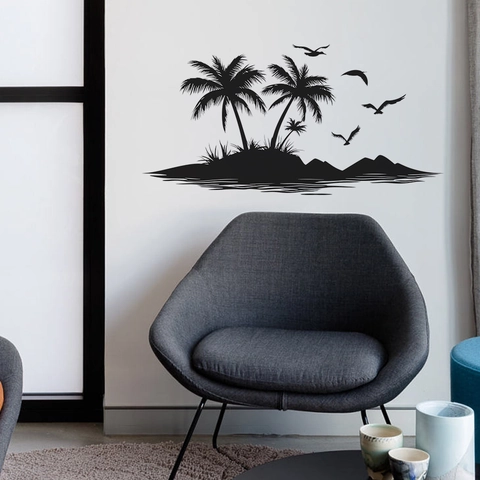 Tropisch Eiland Kokosboom Silhouet Muursticker Verwijderbaar PVC Zwarte Palmboom Zeevogels Muursticker Voor Woonkamer Huisdecoratie