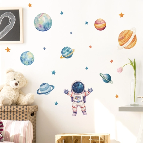 Space Astronaut Planets Star Wall Sticker Watercolor Style Removable PVC Decal For Kids Nursery Bedroom Home Decor