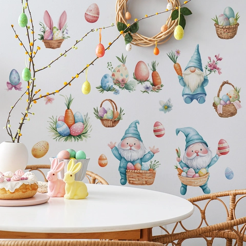 Adesivi Murali Gnomo Uovo di Pasqua Acquerello Coniglio Carota Decalcomanie per Camera da Letto Soggiorno Casa Decorazione Festiva