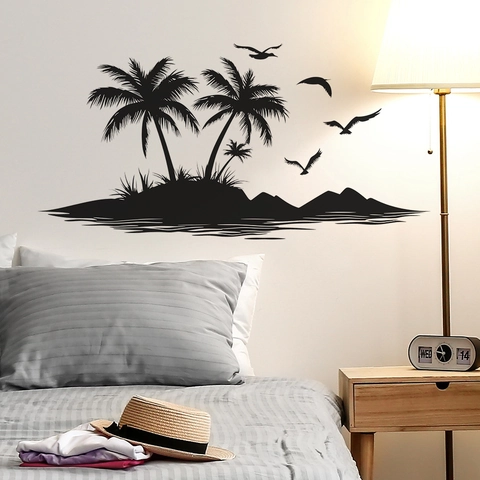 Tropisch Eiland Kokosboom Silhouet Muursticker Verwijderbaar PVC Zwarte Palmboom Zeevogels Muursticker Voor Woonkamer Huisdecoratie