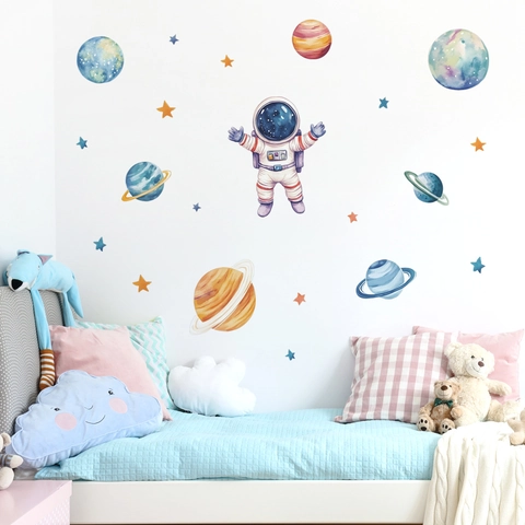 Space Astronaut Planets Star Wall Sticker Watercolor Style Removable PVC Decal For Kids Nursery Bedroom Home Decor