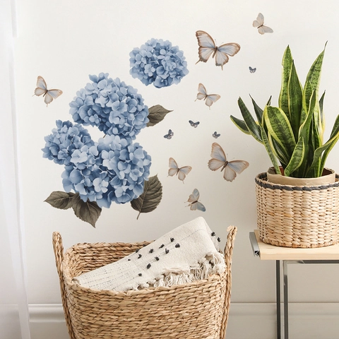 Pegatinas de Pared Mariposa Hortensia Azul Calcomanías Decorativas Autoadhesivas de PVC para Dormitorio Sala de Estar Decoración