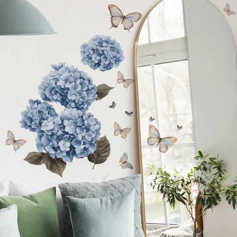 Pegatinas de Pared Mariposa Hortensia Azul Calcomanías Decorativas Autoadhesivas de PVC para Dormitorio Sala de Estar Decoración