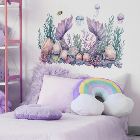 Aquarell Meerjungfrauenschwanz Muschel Wandaufkleber Ozean Thema DIY PVC Selbstklebende Wandtattoos Für Kinderzimmer Schlafzimmer Deko