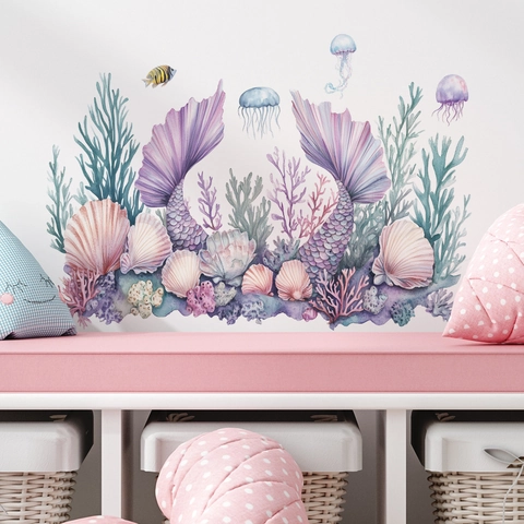 Aquarell Meerjungfrauenschwanz Muschel Wandaufkleber Ozean Thema DIY PVC Selbstklebende Wandtattoos Für Kinderzimmer Schlafzimmer Deko