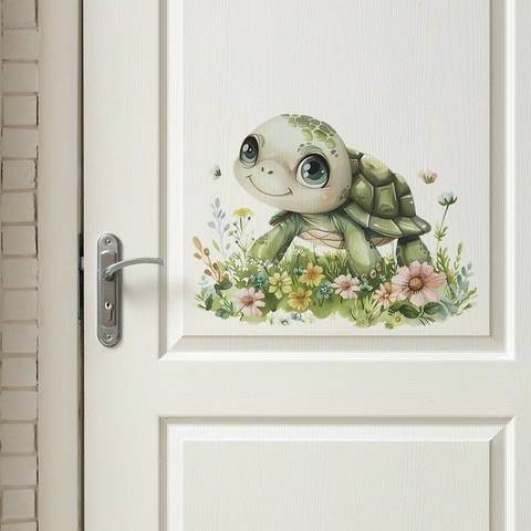 Cartoon Sea Turtle Flower Wall Sticker PVC Removable Watercolor Animal Decal For Kids Room Nursery Bedroom Home Decor
