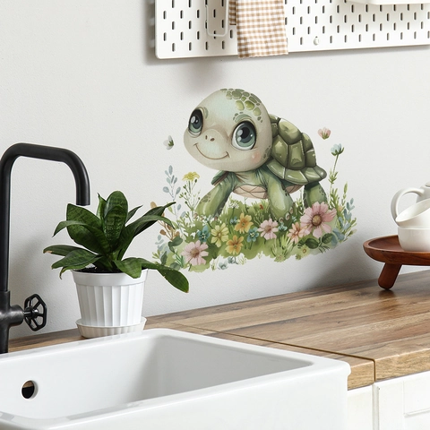 Cartoon Sea Turtle Flower Wall Sticker PVC Removable Watercolor Animal Decal For Kids Room Nursery Bedroom Home Decor