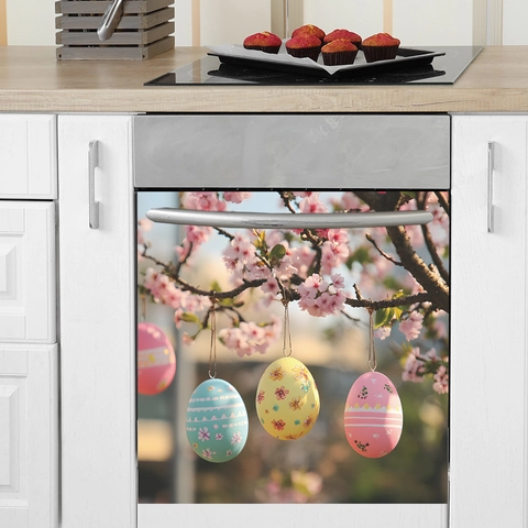Adesivo Magnetico per Lavastoviglie Con Uova di Pasqua e Fiori di Ciliegio per Mobile Cucina Frigo PVC Floreale Rimovibile Decorazione Festa