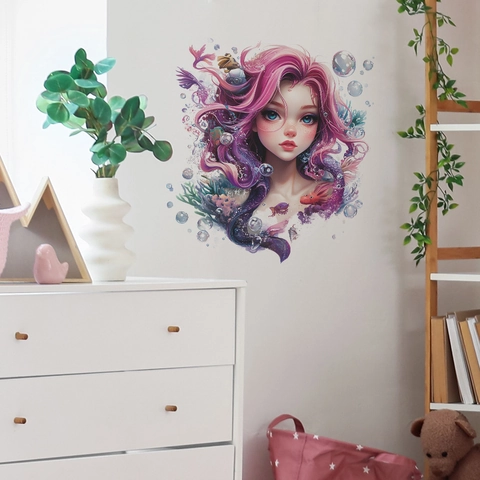 Mermaid Princess Wall Sticker PVC Self Adhesive Dreamy Purple Hair Girl Marine Life Wall Decal For Kids Bedroom Home Decor
