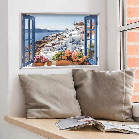 Adesivo Murale 3D Vista Finestra Santorini Paesaggio Mediterraneo Cornice Blu PVC Removibile Decorazione Murale Per Camera Da Letto