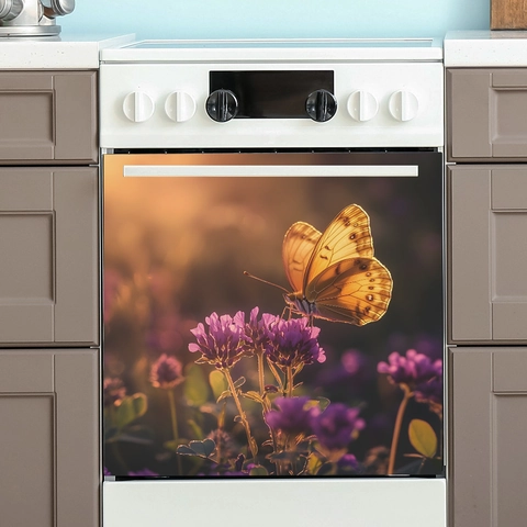 Butterfly Flower Dishwasher Cover Magnet Decal Purple Floral Nature Sunset Scene PVC Self Adhesive Fridge Wall Sticker