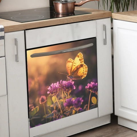 Butterfly Flower Dishwasher Cover Magnet Decal Purple Floral Nature Sunset Scene PVC Self Adhesive Fridge Wall Sticker
