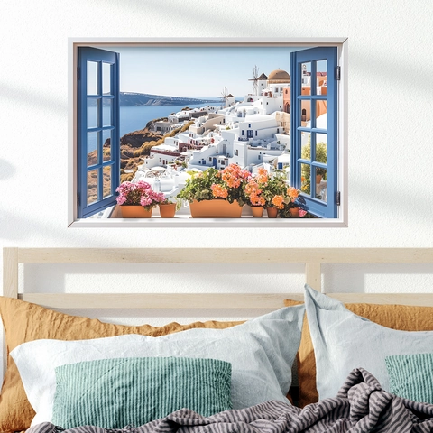 Adesivo Murale 3D Vista Finestra Santorini Paesaggio Mediterraneo Cornice Blu PVC Removibile Decorazione Murale Per Camera Da Letto