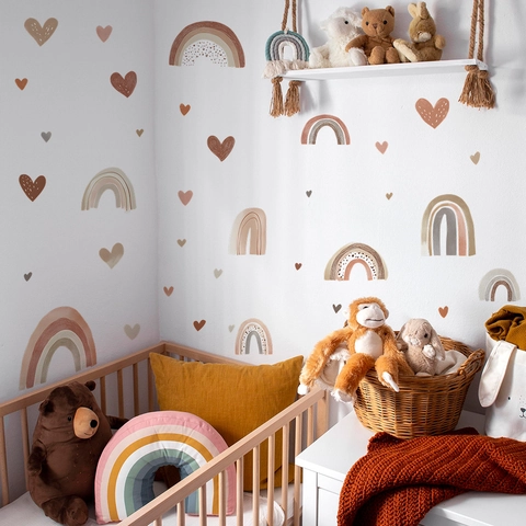 Bohemian Rainbow Heart Wall Stickers Morandi Earth Tone PVC Self Adhesive Wall Decals For Kids Nursery Bedroom Home Decor