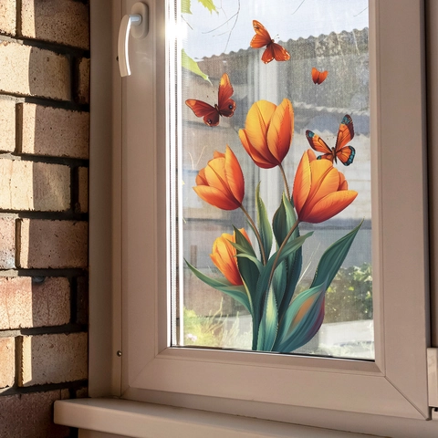 Calcomanías de Ventana de Tulipán Naranja Y Mariposa Pegatinas de PVC Removibles para Decoración del Hogar Sala