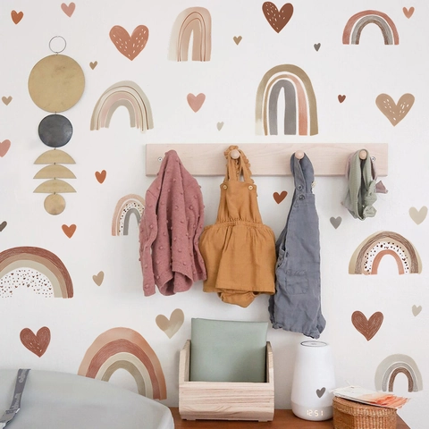 Bohemian Rainbow Heart Wall Stickers Morandi Earth Tone PVC Self Adhesive Wall Decals For Kids Nursery Bedroom Home Decor
