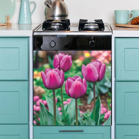 Lila Tulpe Bemalt Landschaft Küche Spülmaschine Schrank Dekor PVC Wandaufkleber Modernes Haus Möbel Deko Aufkleber