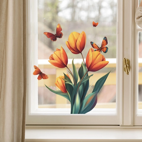 Calcomanías de Ventana de Tulipán Naranja Y Mariposa Pegatinas de PVC Removibles para Decoración del Hogar Sala