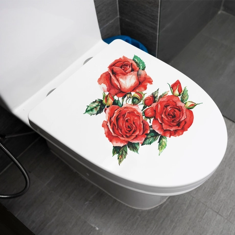 Pegatina de Inodoro de Flor de Rosa Roja Realista 3D PVC Impermeable Autoadhesiva Decoración de Baño Hogar Calcomanía de Pared Murales