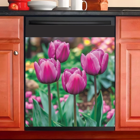 Lila Tulpe Bemalt Landschaft Küche Spülmaschine Schrank Dekor PVC Wandaufkleber Modernes Haus Möbel Deko Aufkleber