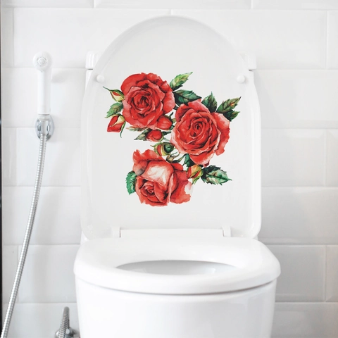 Pegatina de Inodoro de Flor de Rosa Roja Realista 3D PVC Impermeable Autoadhesiva Decoración de Baño Hogar Calcomanía de Pared Murales