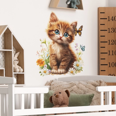 Süße Cartoon Orange Katze Schmetterling Gänseblümchen PVC Wandaufkleber Selbstklebend Abnehmbar Für Kinderzimmer Schlafzimmer Deko
