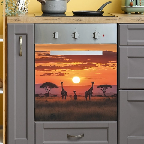African Savanna Sunset Giraffe Landscape PVC Kitchen Dishwasher Fridge Decal Self Adhesive Decorative Wall Sticker