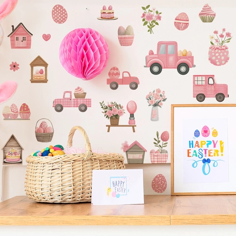 Roze Pasen Muurstickers PVC Aquarel Vrachtwagen Eieren Cupcake Bloem Huis Stickers Voor Kinderkamer Woonkamer Decor
