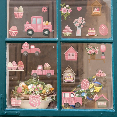 Roze Pasen Muurstickers PVC Aquarel Vrachtwagen Eieren Cupcake Bloem Huis Stickers Voor Kinderkamer Woonkamer Decor