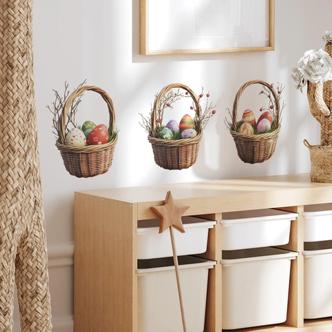Adesivi Murali Cesto di Pasqua Uova Colorate PVC Adesivi Decorativi Removibili per Soggiorno Camera da Letto Cucina Casa
