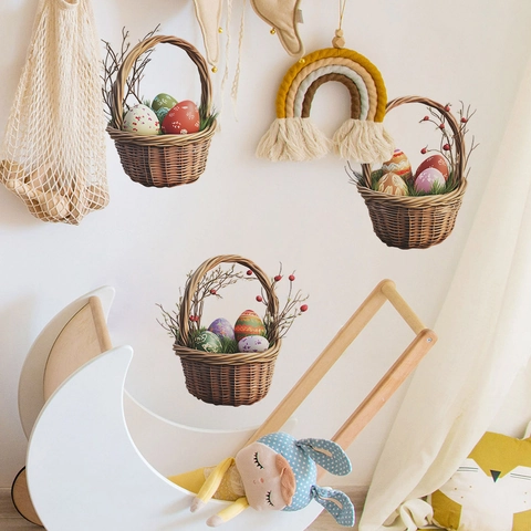 Adesivi Murali Cesto di Pasqua Uova Colorate PVC Adesivi Decorativi Removibili per Soggiorno Camera da Letto Cucina Casa