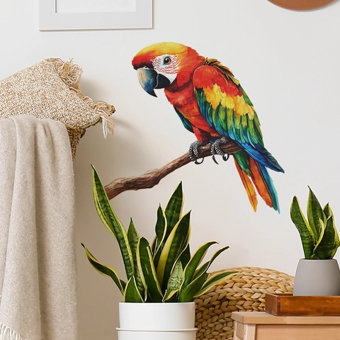 Colorful Parrot On Branch Wall Sticker Removable PVC Watercolor Bird Decal For Living Room Bedroom Home Office Wall Decor