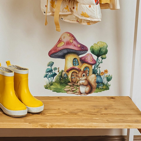 Pegatina de Pared Casa de Champiñones Ardilla Extraíble PVC Dibujos Animados Animales del Bosque para Habitación Infantil