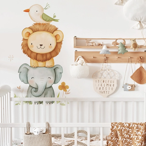 Pegatina de Pared Animales Apilados Elefante León Pájaro Acuarela PVC Calcomanía Para Habitación Niños Decoración Del Hogar